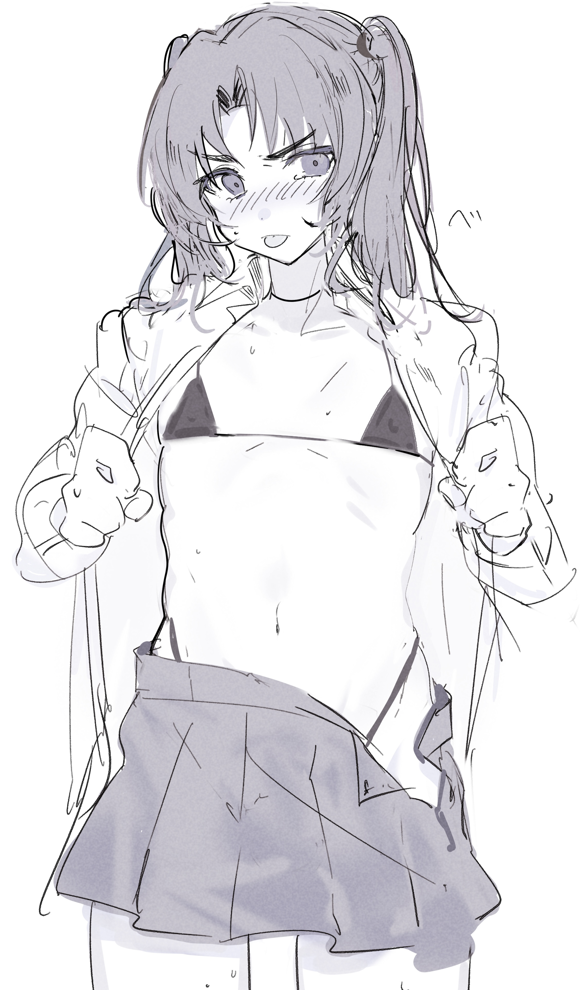 imamiya pinoko, original, absurdres, highres, 1boy, ayase ayato (imamiya pinoko), bikini, bikini under clothes, blush, covered erect nipples, crossdressing, crossdressing (mtf), greyscale, long hair, male focus, micro bikini, monochrome, open clothes, open shirt, solo, sweat, swimsuit, tongue, tongue out, trap, twintails, white background
