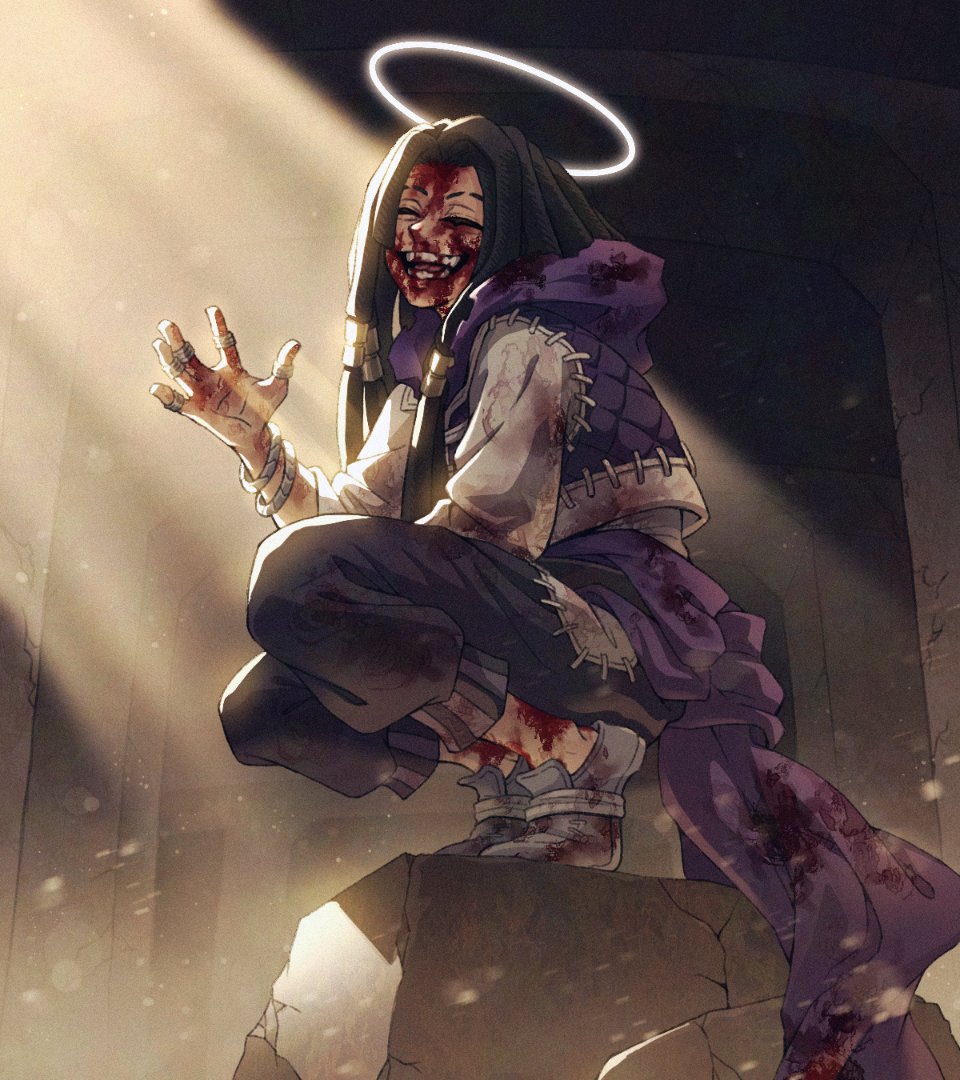 teo (teorekka), jabber wonger, gachiakuta, 1boy, ^ ^, black hair, black pants, blood, blood on clothes, blood on face, bracelet, closed eyes, dark-skinned male, dark skin, dreadlocks, facing viewer, grey shoes, halo, injury, jacket, jewelry, long hair, multiple rings, open mouth, pants, purple jacket, purple sash, ring, sash, shoes, smile, solo, squatting, stitches, very long hair