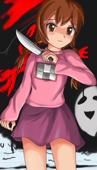 sigurd hosenfeld, madotsuki, uboa, yume nikki, 1girl, braid, kitchen knife, knife, pink shirt, purple skirt, shirt, skirt, twin braids