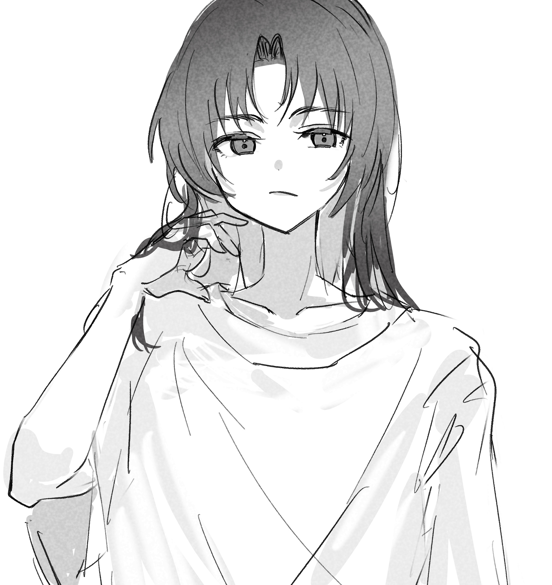 imamiya pinoko, original, absurdres, highres, 1boy, ayase ayato (imamiya pinoko), greyscale, hand in own hair, long hair, monochrome, solo, upper body, white background