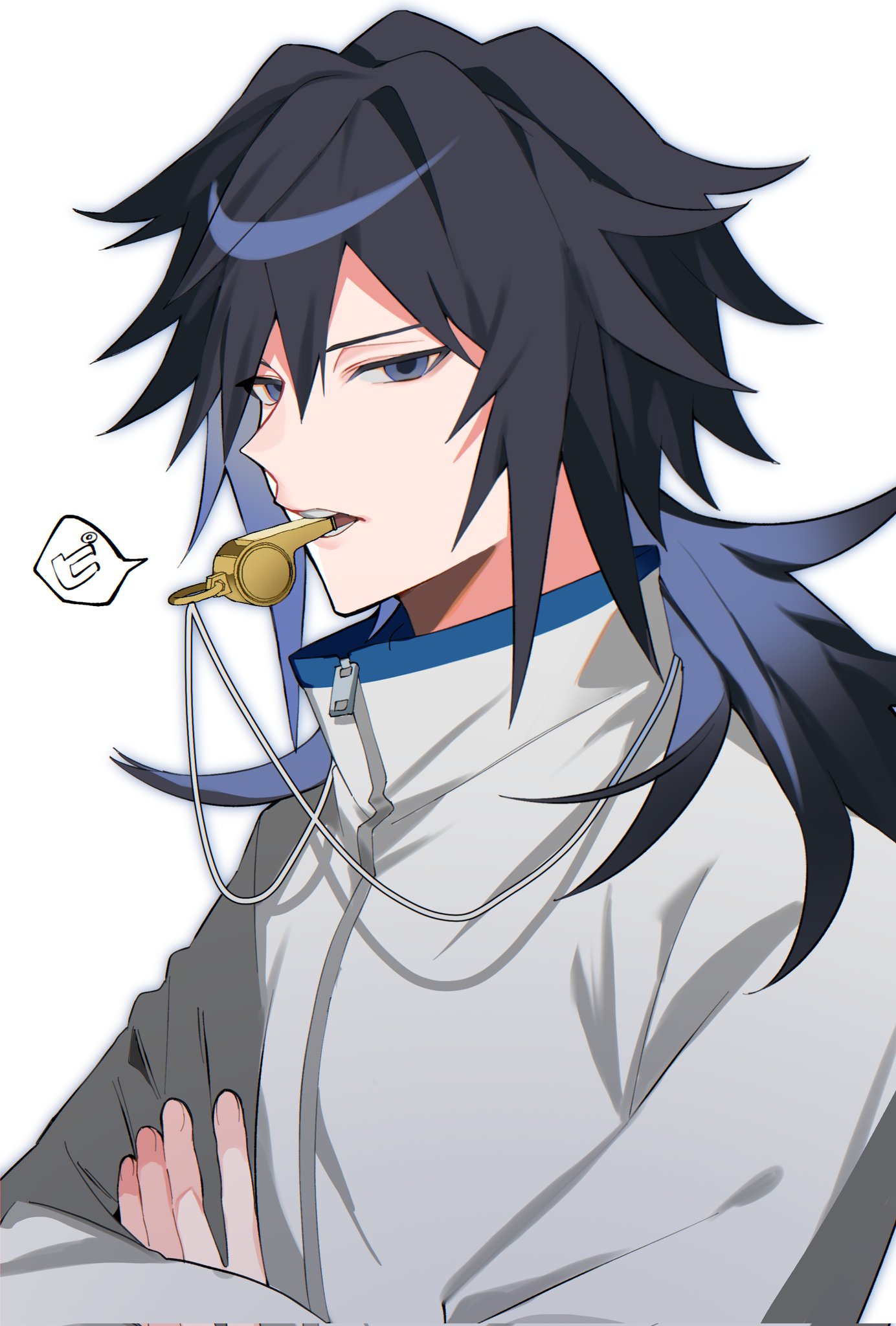 ochitsuke, tomioka giyuu, kimetsu no yaiba, highres, 1boy, alternate costume, black hair, blue eyes, crossed arms, grey jacket, hair between eyes, high collar, jacket, looking at viewer, low ponytail, male focus, mouth hold, ponytail, simple background, solo, spiked hair, upper body, whistle, white background