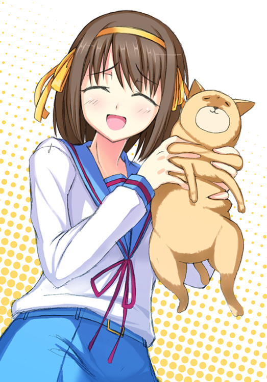 gin (ginshari), suzumiya haruhi, suzumiya haruhi no yuuutsu, bad id, bad pixiv id, 00s, 1girl, cat, female focus, gin (ginshari) , school uniform, serafuku, solo