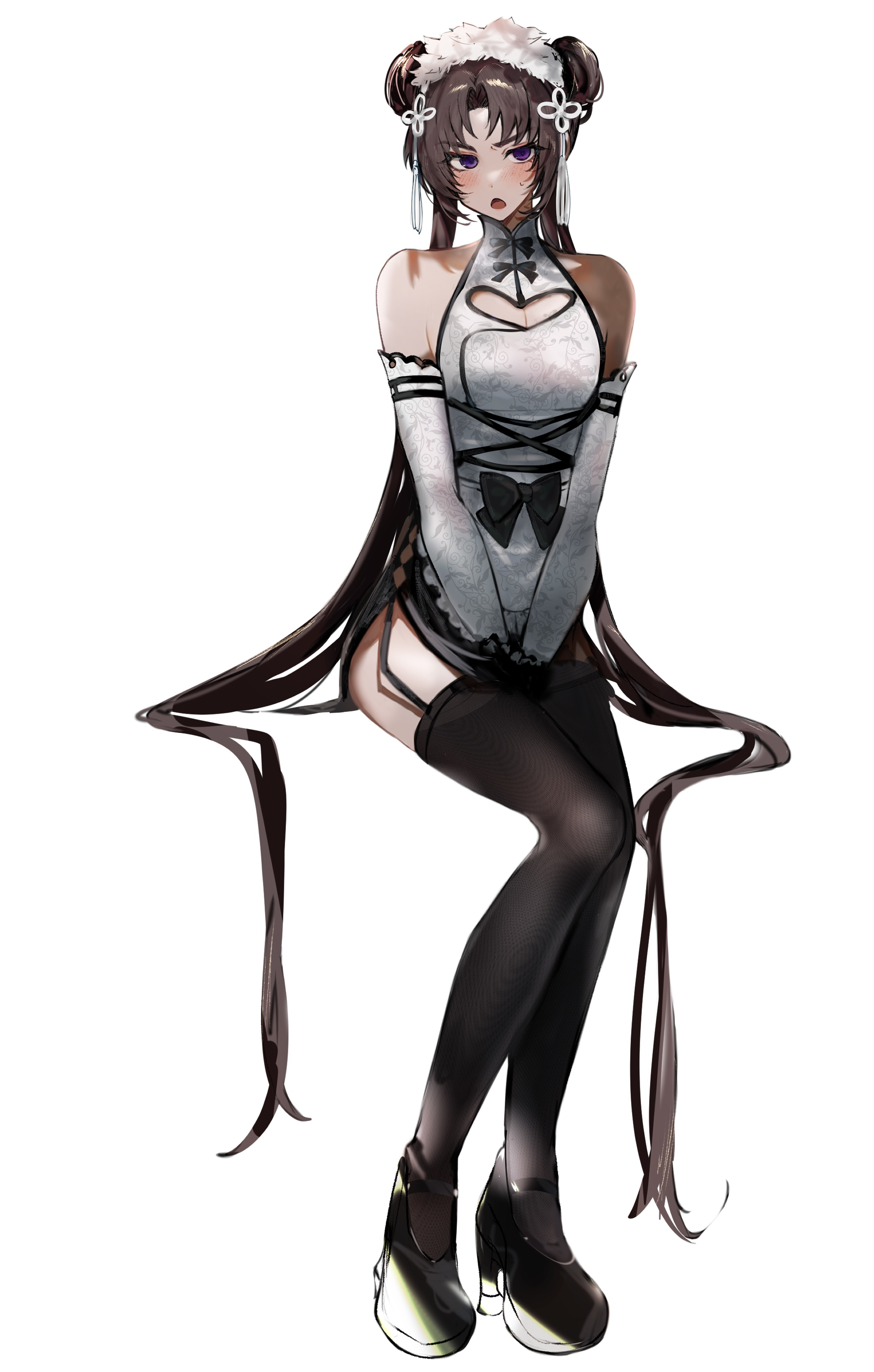 imamiya pinoko, original, absurdres, highres, 1boy, ayase ayato (imamiya pinoko), black hair, blush, brown hair, chinese clothes, crossdressing, crossdressing (mtf), double bun, full body, garter straps, gloves, hair bun, high heels, long hair, maid, male maid, purple eyes, sitting, thick eyebrows, thighhighs, trap, twintails, very long hair