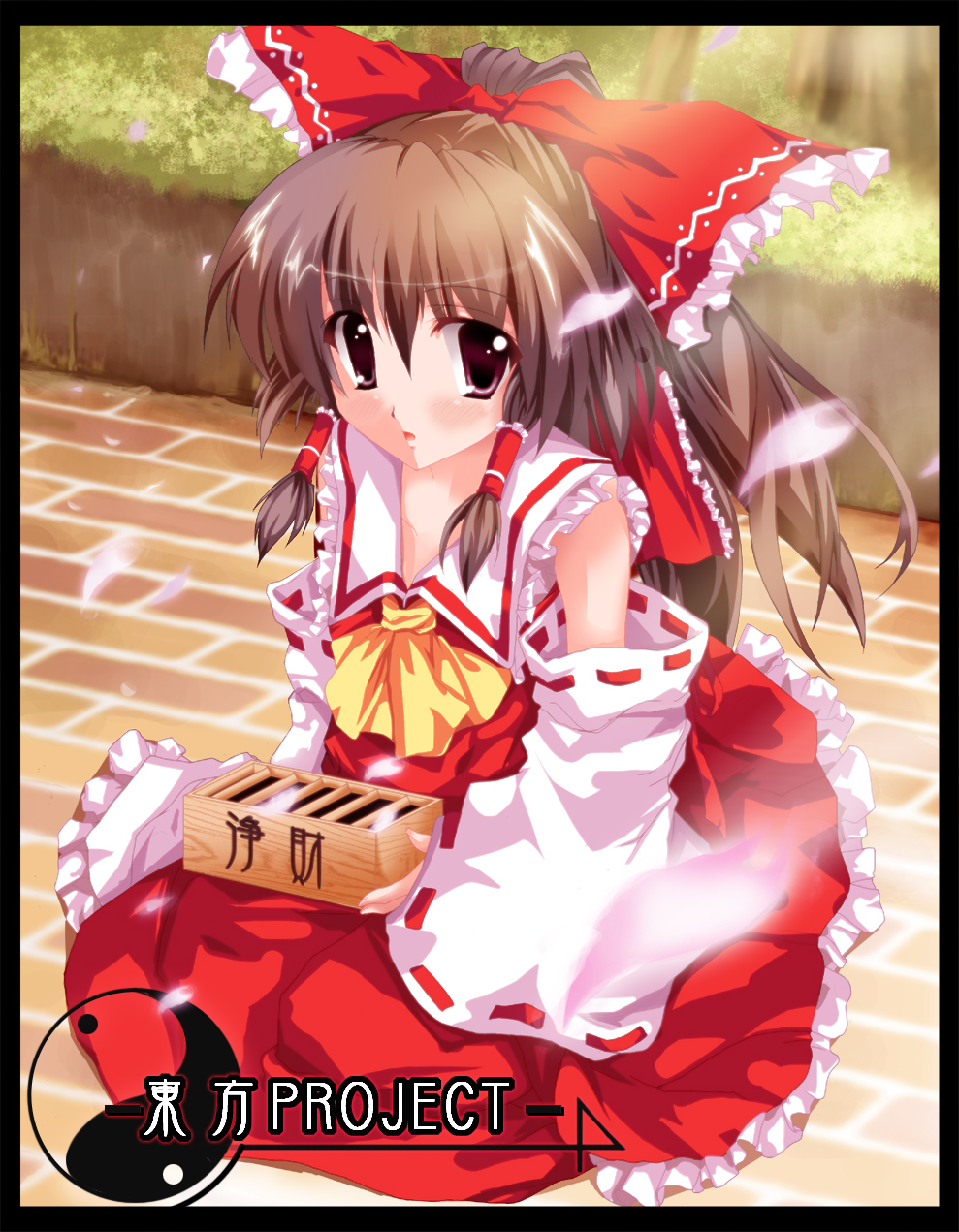kurume shou, hakurei reimu, touhou, highres, 1girl, border, box, donation box, female focus, japanese clothes, miko, petals, ribbon, solo