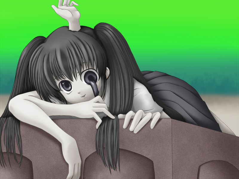 syam i, monoko, yume nikki, 1girl, extra arms, female focus, gradient background, green sky, saliva, school uniform, skirt, sky, smile, solo, twintails