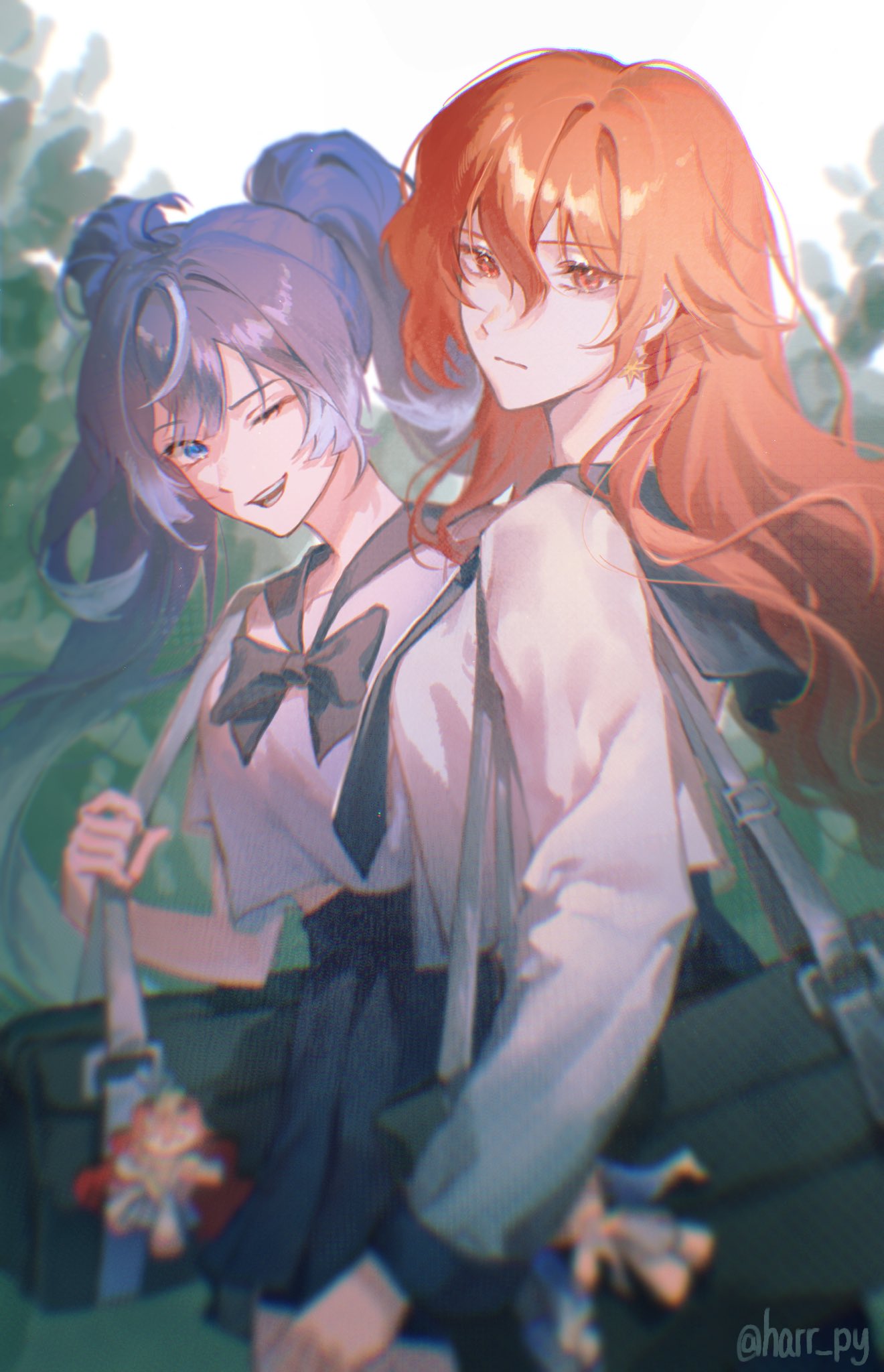 augusta (wuthering waves), iuno (wuthering waves), wuthering waves, highres, 2girls, alternate costume, bag, black collar, blue eyes, blue hair, blue skirt, breasts, character doll, closed mouth, collar, collared shirt, colored inner hair, doll, hair between eyes, harr py, looking at viewer, medium breasts, multicolored hair, multiple girls, necktie, one eye closed, orange hair, red eyes, school bag, school uniform, shirt, skirt, smile, streaked hair, twintails, white shirt