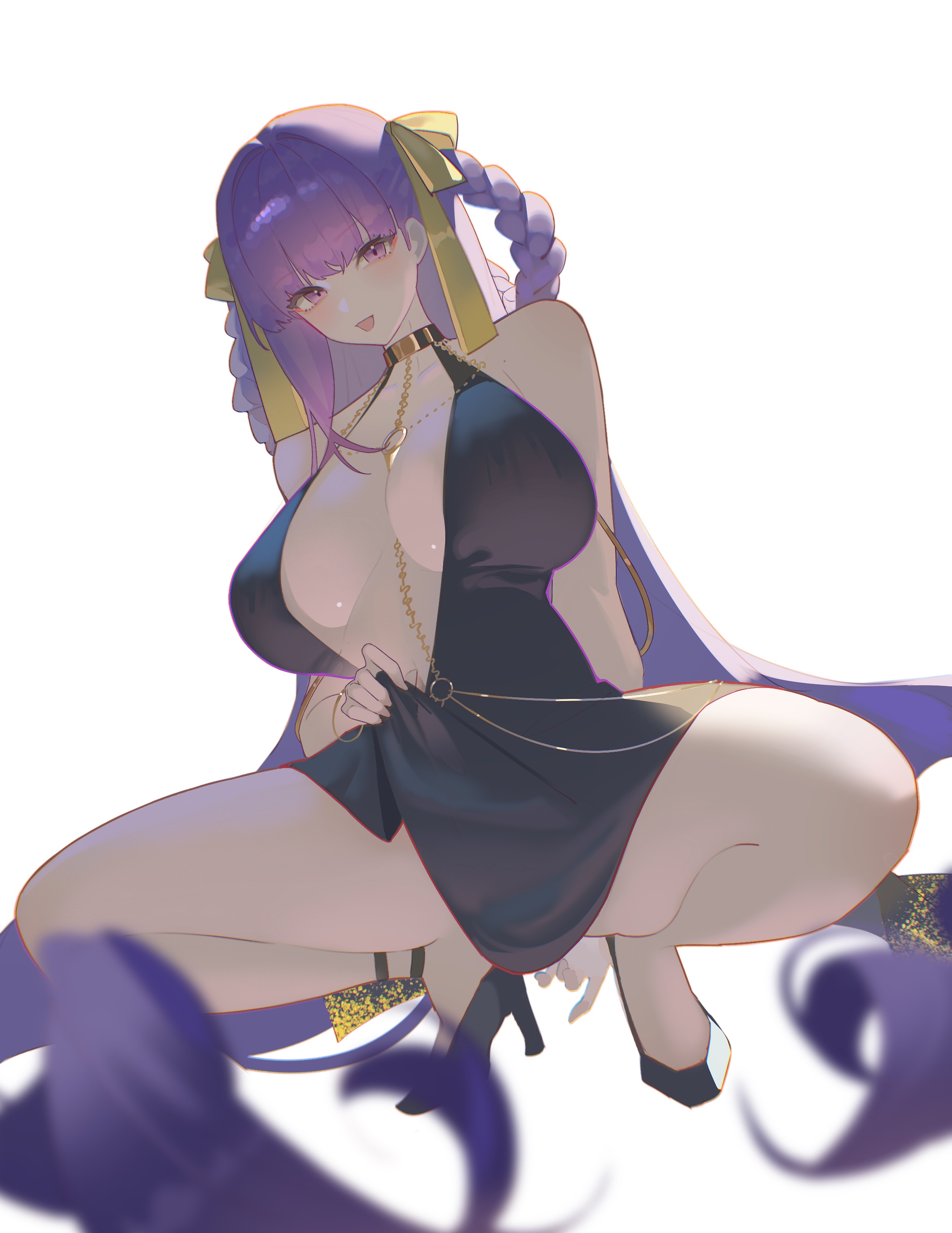 e-razor, bb (fate), bb dubai (fate), fate/grand order, fate (series), absurdres, highres, 1girl, bare shoulders, belly chain, black dress, blush, bracelet, braid, braided hair rings, breasts, cleavage, dress, hair ribbon, hair rings, high heels, jewelry, large breasts, long hair, looking at viewer, necklace, open mouth, plunging neckline, purple eyes, purple hair, ribbon, side slit, smile, solo, spread legs, squatting, twin braids, very long hair, yellow ribbon