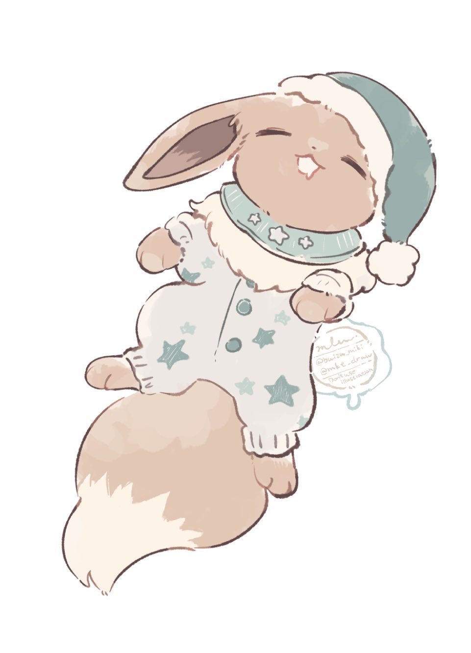 mkt (buizu-miki), eevee, nintendo, pokemon, highres, 1other, brown fur, closed eyes, drooling, gen 1 pokemon, hat, lying, mouth drool, nightcap, no humans, on back, open mouth, pajamas, pokemon (creature), polka dot, polka dot pajamas, signature, sleeping, solo, twitter username