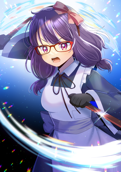 kou hiyoyo, original, commentary request, 1girl, apron, black dress, black gloves, bow, bow hairband, breasts, dress, frilled apron, frills, glasses, gloves, hair bow, hairband, holding, holding weapon, long sleeves, maid, medium breasts, medium hair, multi-source commentary, neck ribbon, open mouth, purple eyes, purple hair, red-framed eyewear, red bow, red hairband, red ribbon, ribbon, solo, v-shaped eyebrows, weapon, white apron