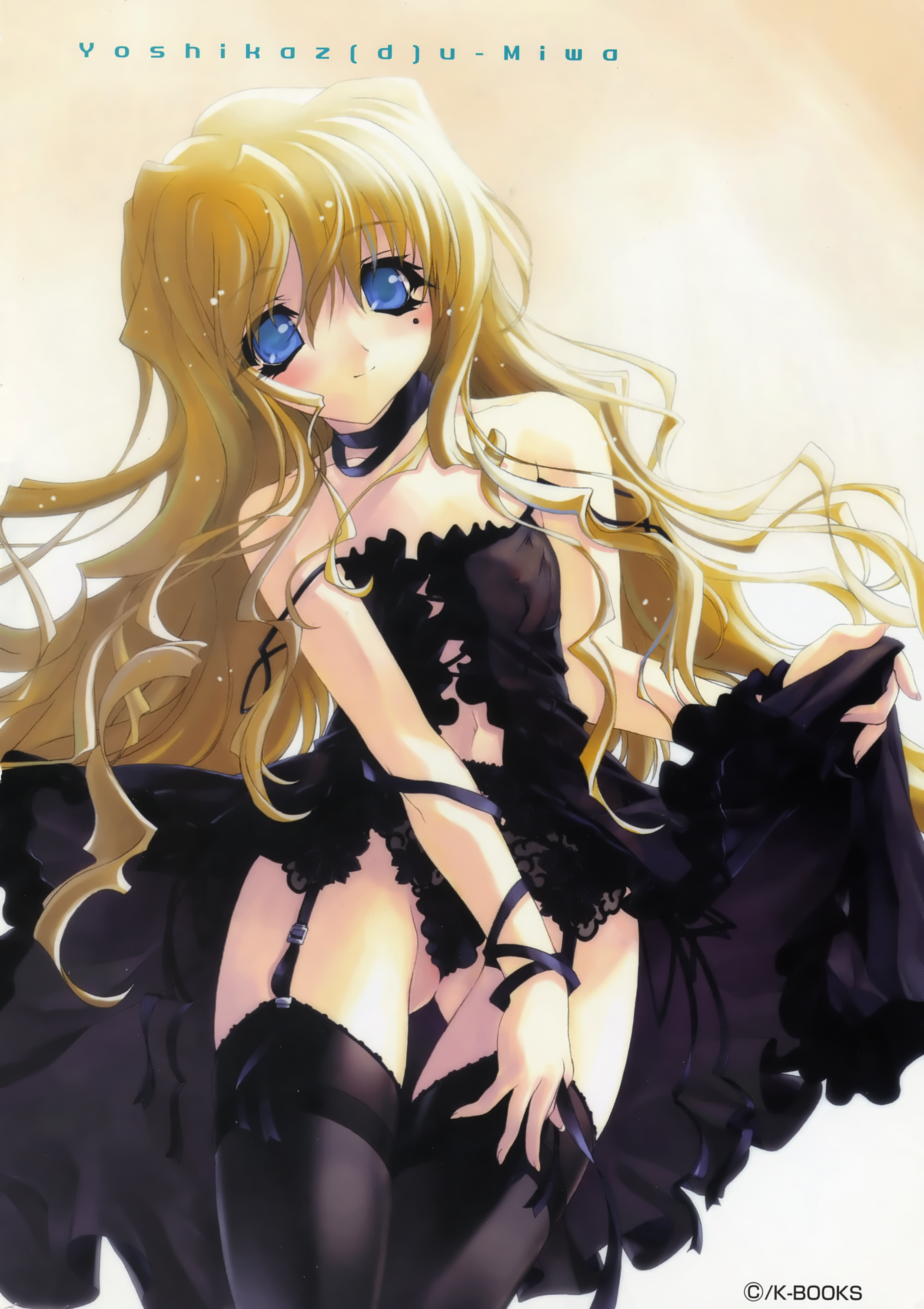 miwa yoshikazu, nylons, absurdres, highres, bare shoulders, blonde hair, blue eyes, garter belt, panties, smile, solo, thighhighs, underwear