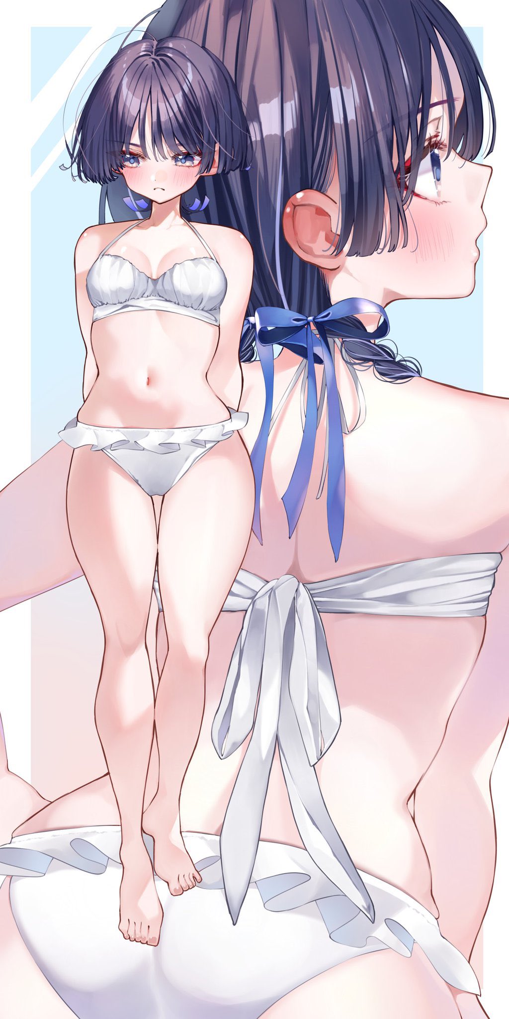 ma d k 89, scaramouche (genshin impact), genshin impact, highres, 1girl, ass, bikini, black hair, blue eyes, blush, breasts, closed mouth, genderswap, genderswap (mtf), hair between eyes, medium breasts, medium hair, multiple views, navel, short hair, stomach, swimsuit, white bikini