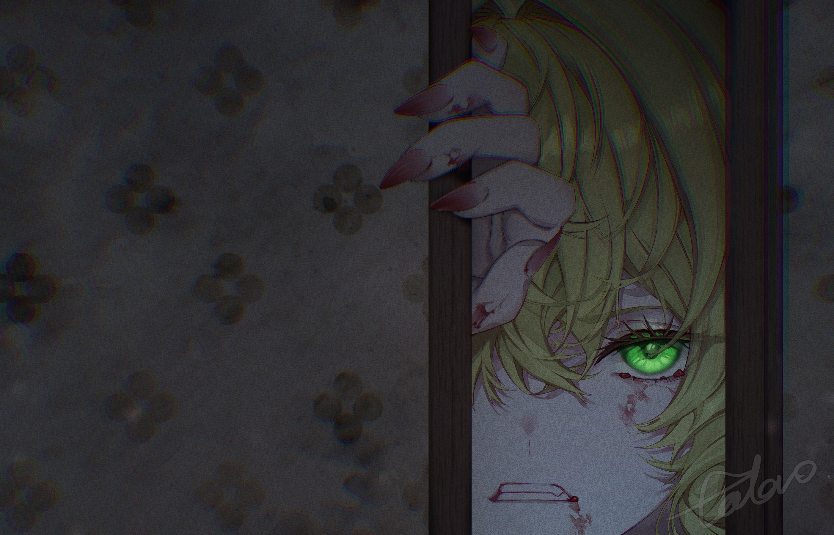 tadano1129, mizuhashi parsee, touhou, highres, 1girl, blonde hair, blood, blood on face, blood on hands, blood on mouth, bloody tears, clenched teeth, eyelashes, fang, green eyes, looking at viewer, opening door, red nails, short hair, shouji, signature, sliding doors, solo, teeth