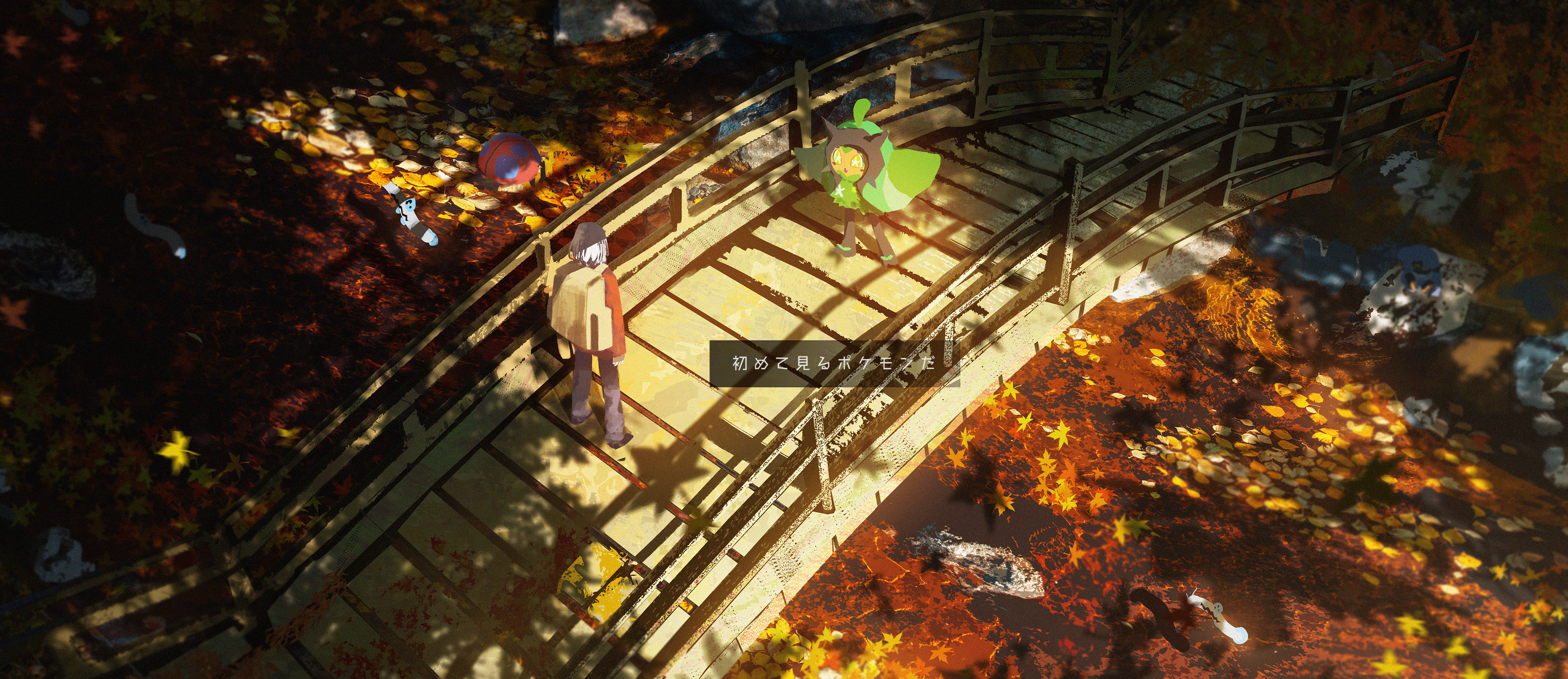 asteroid ill, barboach, croagunk, ogerpon, orbeetle, nintendo, original, pokemon, absurdres, highres, 1other, :d, animal, autumn, autumn leaves, backpack, bag, black pants, bridge, bug, closed mouth, colored sclera, colored skin, day, falling leaves, fangs, fish, floating, forest, full body, gen 3 pokemon, gen 4 pokemon, gen 8 pokemon, grass, jacket, leaf, long sleeves, looking at another, maple leaf, medium hair, nature, open mouth, orange jacket, orange skin, outdoors, pants, pokemon (creature), river, rock, scenery, shadow, shoes, sitting, smile, standing, star-shaped pupils, star (symbol), sunlight, symbol-shaped pupils, teeth, tree, very wide shot, water, white hair, wooden bridge, yellow eyes, yellow sclera