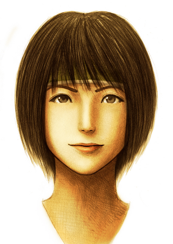 yatya, yuffie kisaragi, final fantasy, final fantasy vii, bad id, bad pixiv id, 1990s (style), 1girl, brown eyes, brown hair, female focus, headband, portrait, retro artstyle, short hair, solo