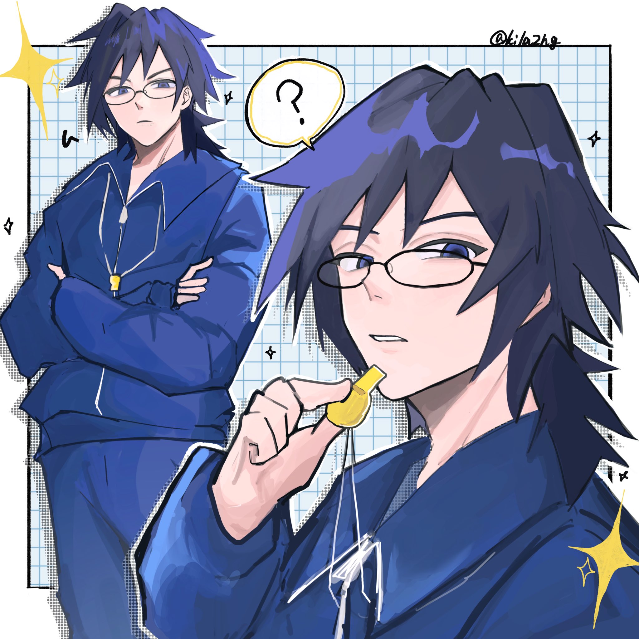 tomioka giyuu, kimetsu no yaiba, highres, 1boy, ?, alternate costume, bespectacled, black hair, blue eyes, blue jacket, blue pants, closed mouth, glasses, hand up, holding, holding whistle, jacket, kila2hg, looking at viewer, low ponytail, male focus, multiple views, pants, parted lips, ponytail, solo, sparkle, spiked hair, spoken question mark, teeth, twitter username, whistle, whistle around neck