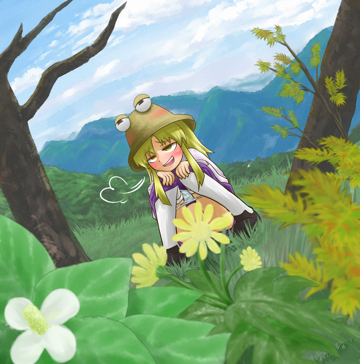 aduman, ganmen2525, moriya suwako, touhou, bad id, bad pixiv id, highres, 1girl, blonde hair, blush, censored, cloud, convenient censoring, day, dutch angle, female focus, flower, flower censor, hat, landscape, outdoors, panties, panty pull, plant, solo, squatting, thighhighs, underwear, yonic symbol