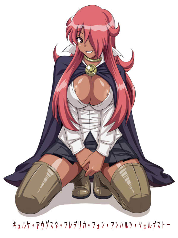 sanagi torajirou, kirche augusta frederica von anhalt zerbst, zero no tsukaima, translated, 00s, 1girl, boots, breasts, character name, cleavage, dark-skinned female, dark skin, female focus, full body, large breasts, light areolae, nipple slip, nipples, pentacle, red hair, solo, thigh boots, thighhighs, white background