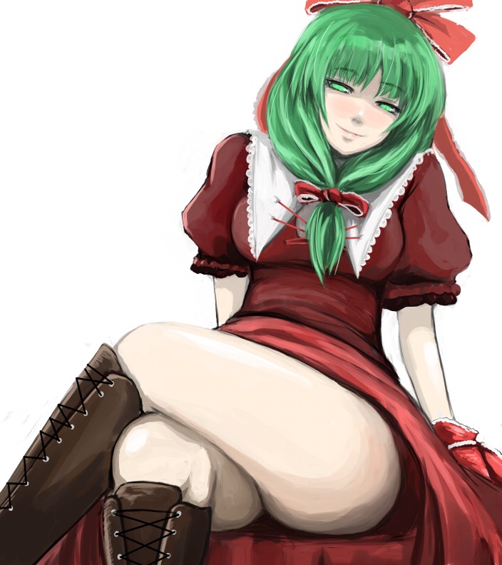 ginji (sakaki summer), kagiyama hina, touhou, 1girl, boots, clothes lift, crossed legs, female focus, front ponytail, glowing, glowing eyes, green hair, head tilt, knee boots, lace-up boots, legs, long hair, naughty face, pale skin, ribbon, sitting, skirt, skirt lift, smile, solo, squinting, thighs