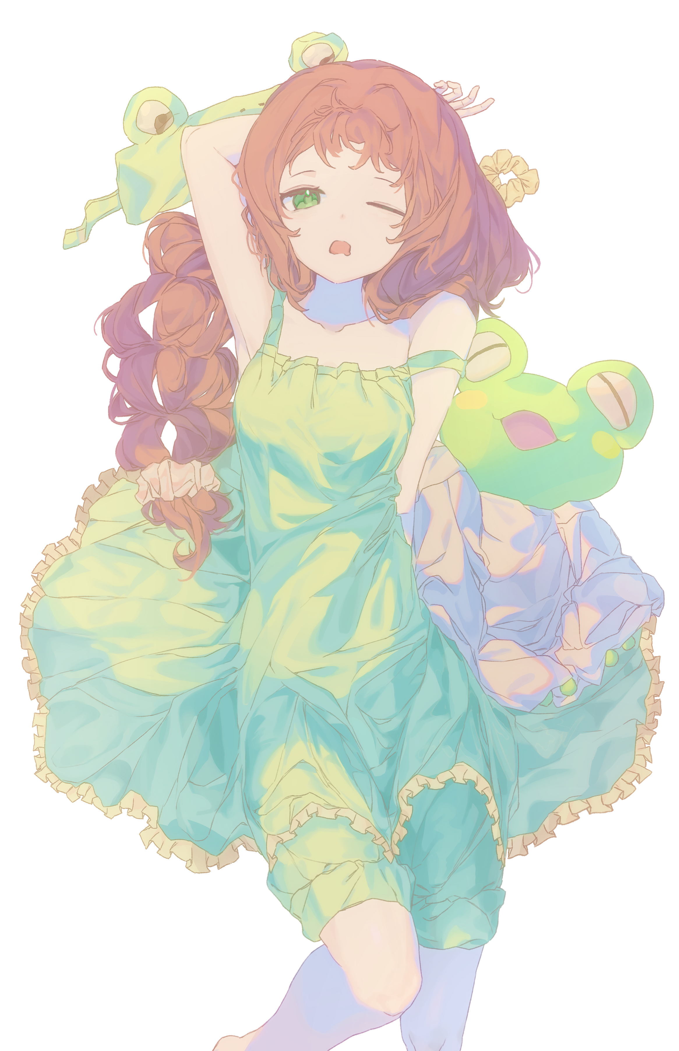 zombie high school, absurdres, highres, 1girl, arm behind head, arm up, brown hair, dress, frog, green eyes, hair ornament, hair scrunchie, long hair, looking at viewer, one eye closed, onghyat, open mouth, pajamas, scrunchie, simple background, solo, strap slip, stuffed animal, stuffed toy, white background, yawning, yu ru-mi
