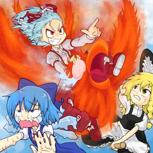cirno, fujiwara no mokou, kirisame marisa, touhou, silver hair, 3girls, :d, apron, blonde hair, blue dress, blue eyes, blue hair, bow, crystal, dress, evil grin, evil smile, female focus, fire, grin, ice, ice wings, long sleeves, melting, multiple girls, ofuda, open mouth, outstretched arm, pants, pointing, pointing forward, puffy short sleeves, puffy sleeves, red eyes, shirt, short sleeves, smile, suspenders, sweatdrop, tears, teeth, waist apron, white shirt, wings