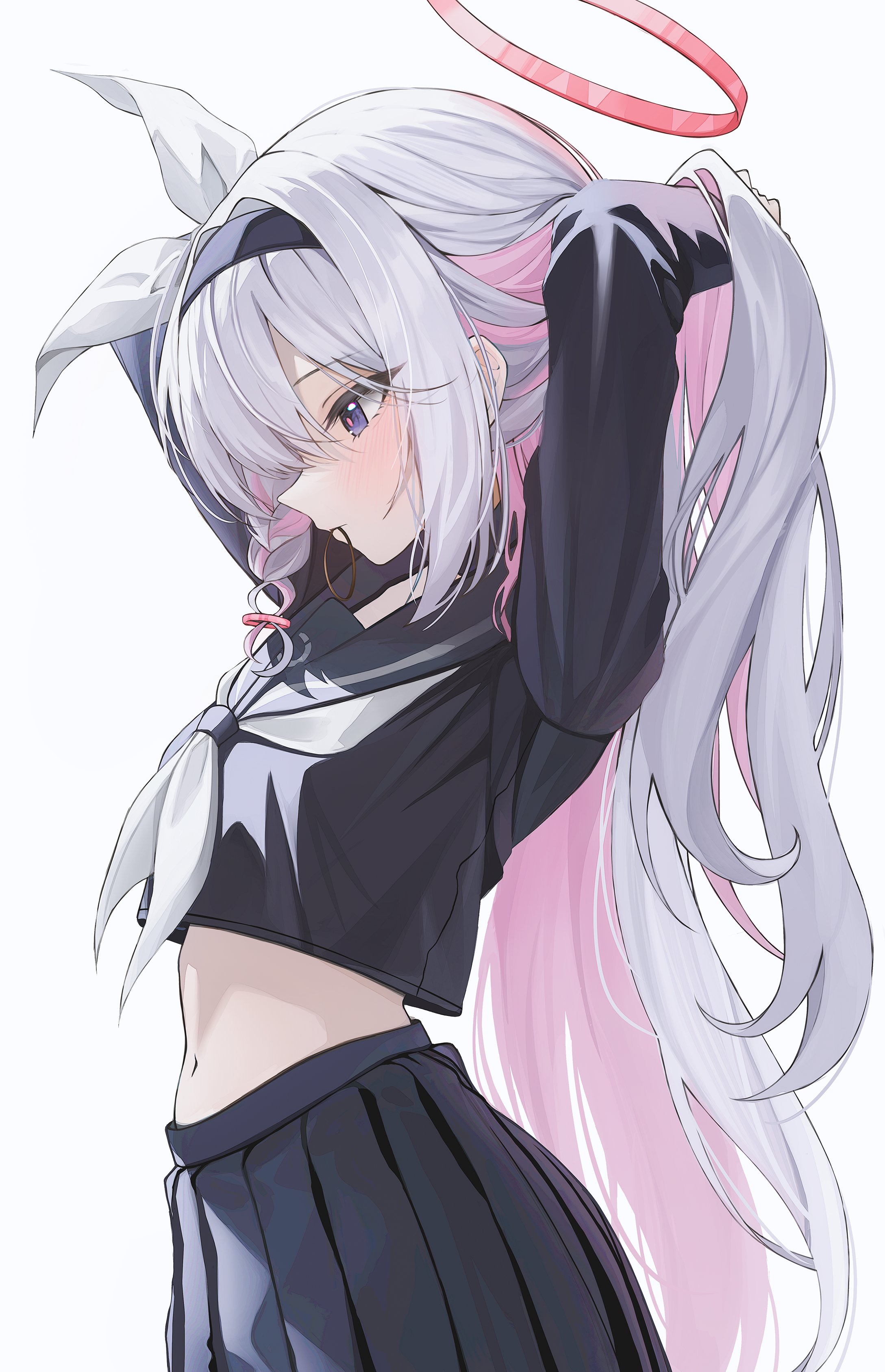 0601 ye, plana (blue archive), blue archive, absurdres, highres, 1girl, adjusting hair, arms behind head, black eyes, black hairband, black sailor collar, black serafuku, braid, colored inner hair, expressionless, from side, hair over one eye, hair tie in mouth, hairband, halo, long hair, mouth hold, multicolored hair, neckerchief, red halo, red pupils, ribbon, sailor collar, school uniform, serafuku, single braid, solo, tying hair, white background, white hair, white neckerchief, white ribbon