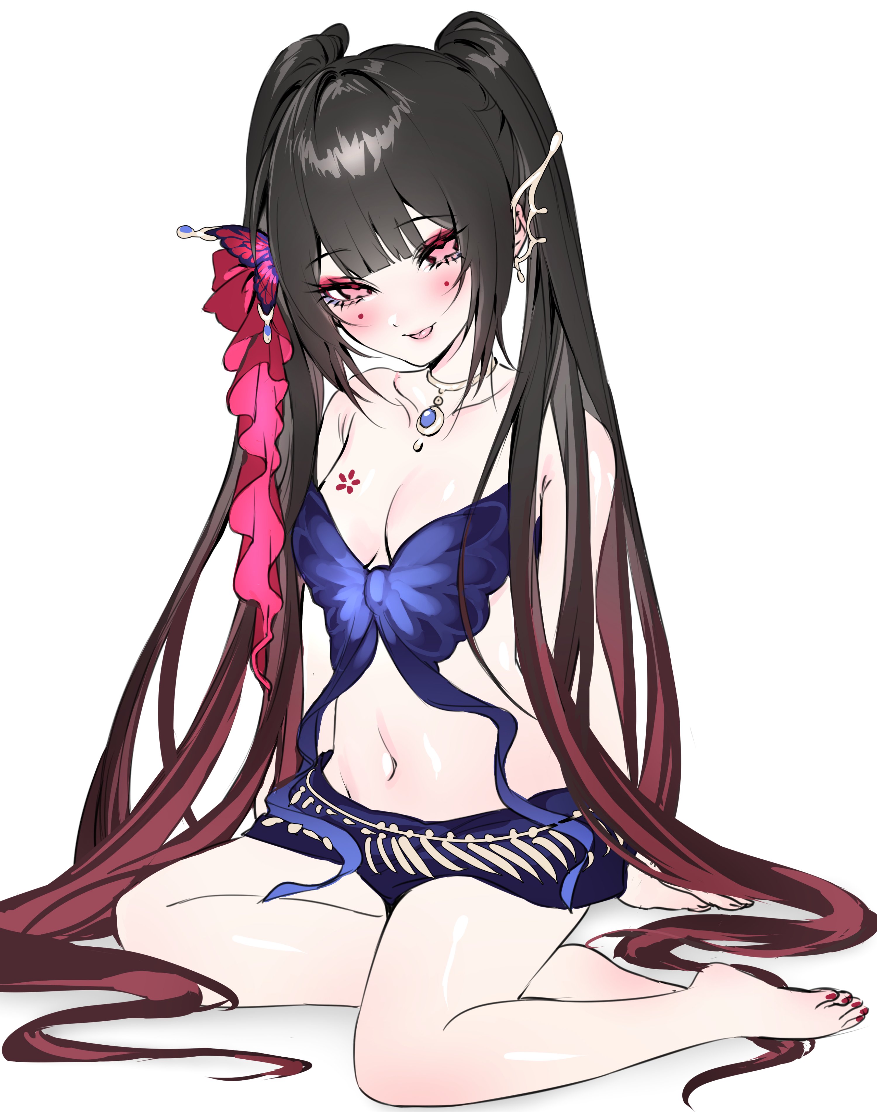 li nauu, sparkle (honkai: star rail), honkai: star rail, honkai (series), absurdres, highres, 1girl, :p, bikini, black hair, blue bikini, breasts, brown hair, bug, butterfly, butterfly-shaped pupils, butterfly bikini, flower tattoo, gradient hair, half-closed eyes, insect, jewelry, long hair, looking at viewer, mark under both eyes, multicolored hair, navel, necklace, pink eyes, red butterfly, red nails, seductive smile, shiny skin, simple background, sitting, smile, solo, stomach, swimsuit, symbol-shaped pupils, tattoo, tongue, tongue out, twintails, very long hair, white background