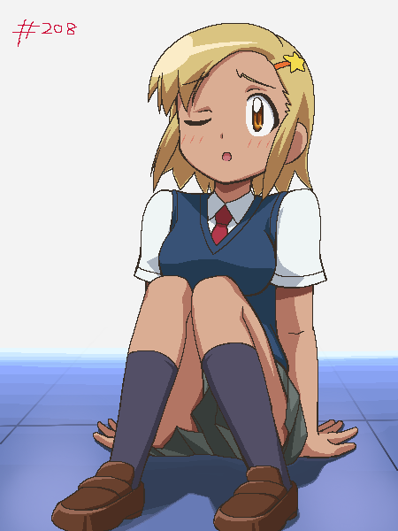 awa, angol mois, keroro gunsou, 1girl, blonde hair, blush, brown eyes, dark-skinned female, dark skin, female focus, gyaru, hair ornament, hairclip, jaggy lines, kneehighs, knees together feet apart, kogal, necktie, oekaki, one eye closed, pleated skirt, school uniform, serafuku, skirt, socks, solo, sweater vest, wink