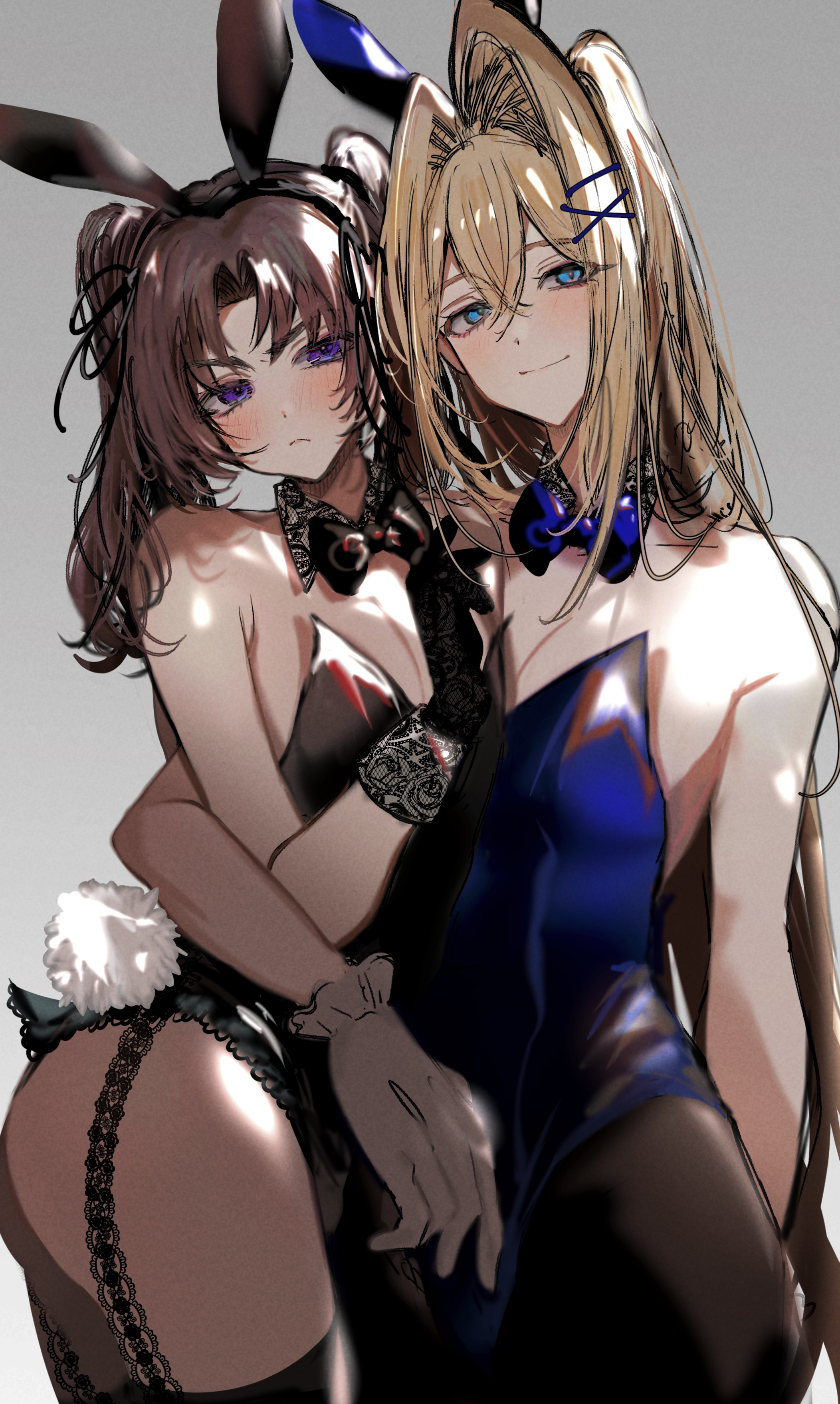 imamiya pinoko, original, absurdres, highres, 2boys, animal ears, arm around waist, ass, ayase ayato (imamiya pinoko), black gloves, blonde hair, blue eyes, blush, brown hair, crossdressing, crossdressing (mtf), fake animal ears, garter straps, gloves, hair intakes, kakage azusa (imamiya pinoko), long hair, male playboy bunny, multiple boys, pantyhose, ponytail, purple eyes, rabbit ears, rabbit tail, simple background, tail, thighhighs, trap, twintails, white gloves