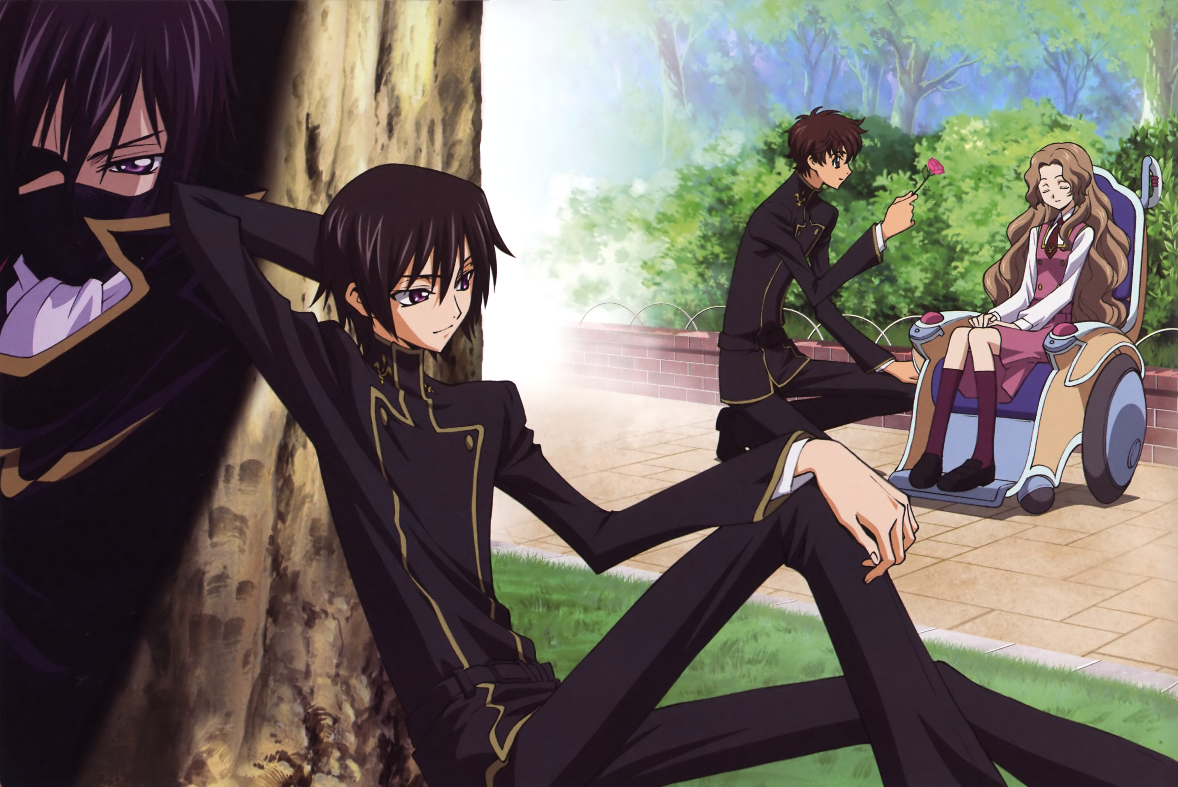 kururugi suzaku, lelouch vi britannia, nunnally vi britannia, code geass, absurdres, highres, 00s, 1girl, 2boys, multiple boys, school uniform, serafuku