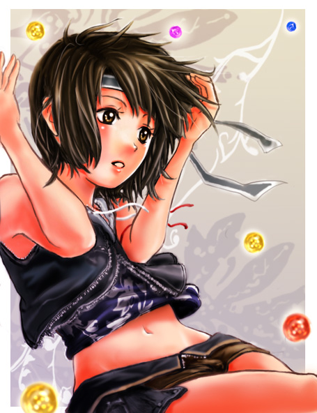 akira (sakana), piroaki, tsukasa yukio, yuffie kisaragi, final fantasy, final fantasy vii, final fantasy vii advent children, square enix, bad id, bad pixiv id, 00s, 1990s (style), 1girl, bare shoulders, brown eyes, brown hair, female focus, headband, materia, midriff, retro artstyle, short hair, shorts, solo, vest