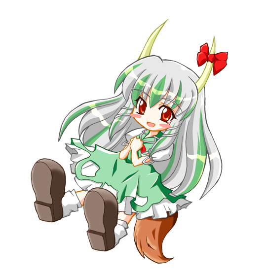 geo (yukishitadou), ex-keine, kamishirasawa keine, touhou, 1girl, blush, chibi, female focus, full body, horn ornament, horn ribbon, horns, long hair, ribbon, simple background, smile, solo, white background