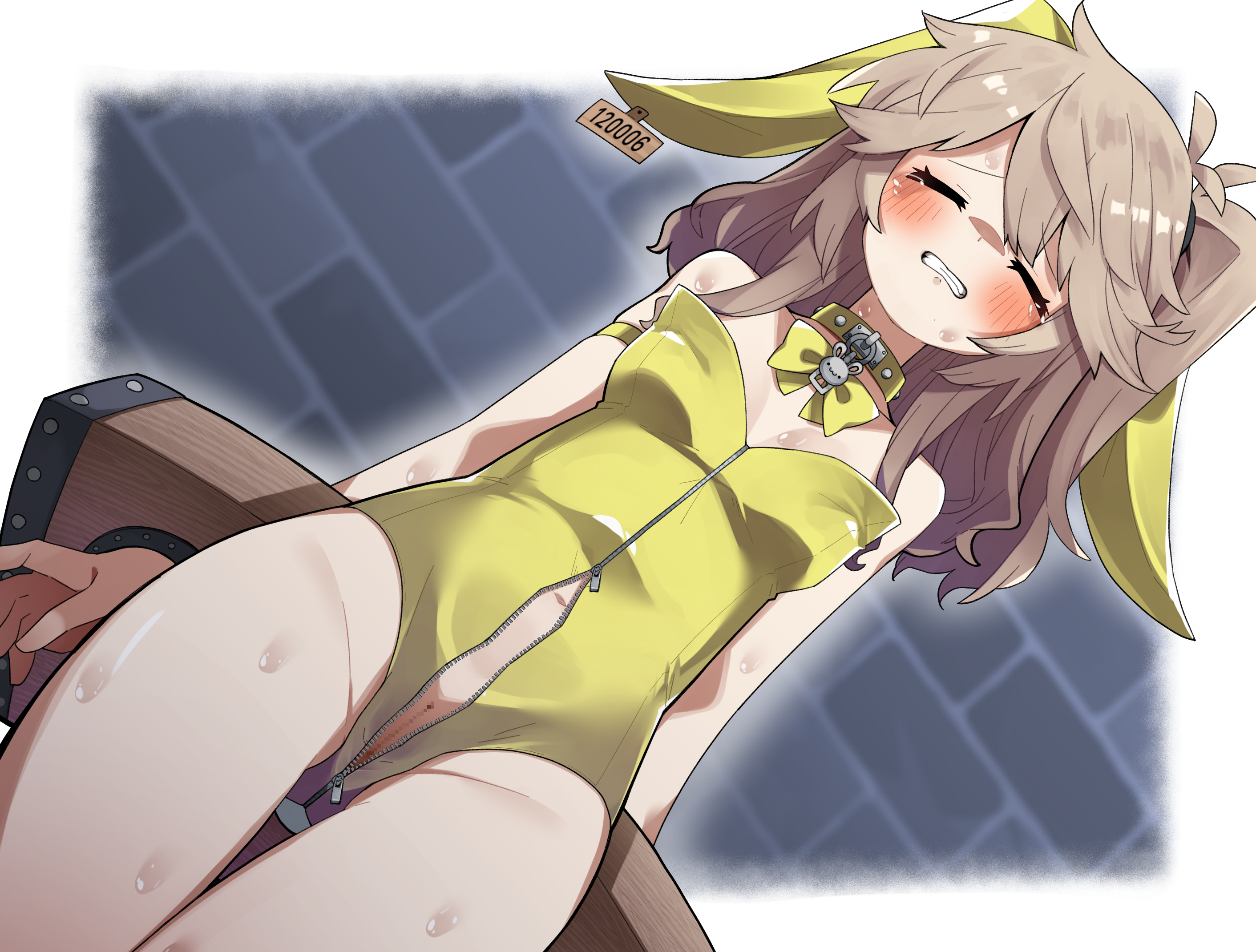 datemegane, kasukabe tsumugi, voicevox, highres, variant set, 1girl, animal ears, blue eyes, blush, breasts, brown hair, clenched teeth, closed eyes, collar, dutch angle, ear tag, fake animal ears, leotard, navel, playboy bunny, pussy, restrained, small breasts, stocks, strapless, strapless leotard, tearing up, teeth, yellow leotard, zipper leotard