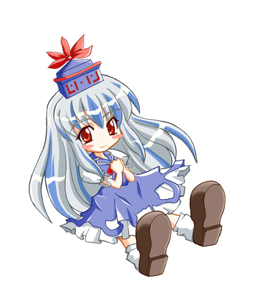 geo (yukishitadou), kamishirasawa keine, touhou, 1girl, blush, chibi, female focus, full body, hat, long hair, simple background, smile, solo, white background