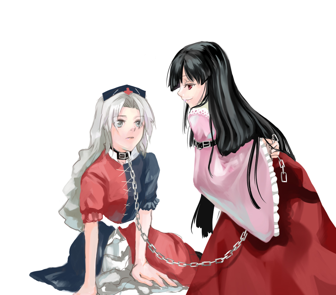 mosuke, houraisan kaguya, yagokoro eirin, touhou, 2girls, black hair, chain, collar, female focus, half-closed eyes, hat, long hair, multiple girls, sitting, white background