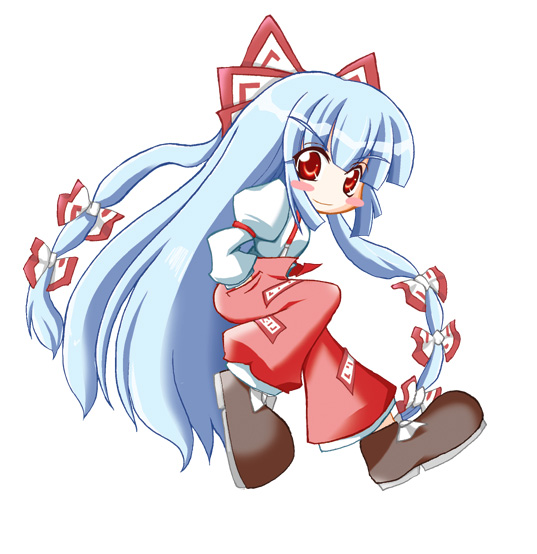 geo (yukishitadou), fujiwara no mokou, touhou, 1girl, chibi, female focus, full body, long hair, ribbon, simple background, solo, white background