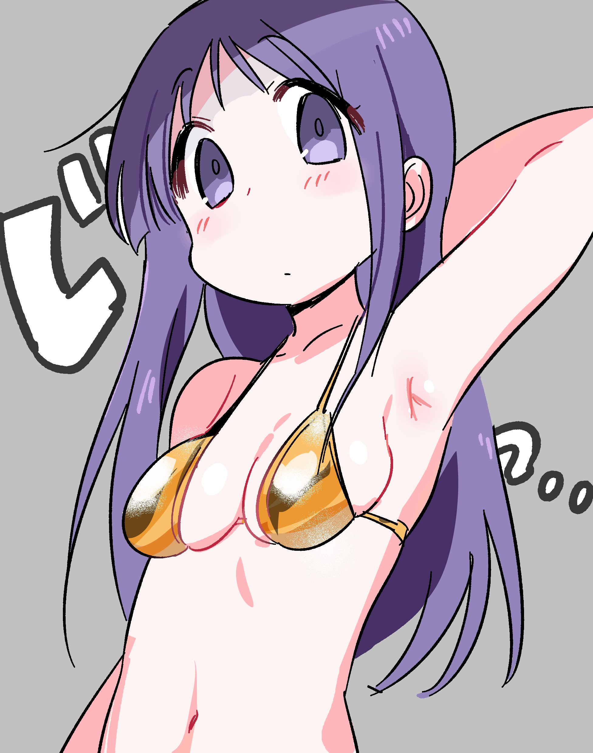 tatsunokosso, hinata yukari, yuyushiki, absurdres, highres, 1girl, arm up, armpits, bikini, breasts, closed mouth, dot mouth, empty eyes, gold bikini, grey background, light blush, long hair, looking at viewer, navel, purple eyes, purple hair, simple background, solo, swimsuit, upper body