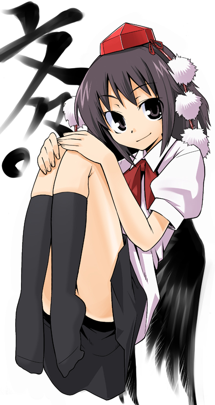 gengorou, shameimaru aya, touhou, bad id, bad pixiv id, 1girl, belt, black skirt, black socks, female focus, full body, hat, kneehighs, knees to chest, knees up, looking at viewer, pom pom (clothes), puffy short sleeves, puffy sleeves, red eyes, shirt, short sleeves, simple background, skirt, socks, solo, tokin hat, white background, white shirt