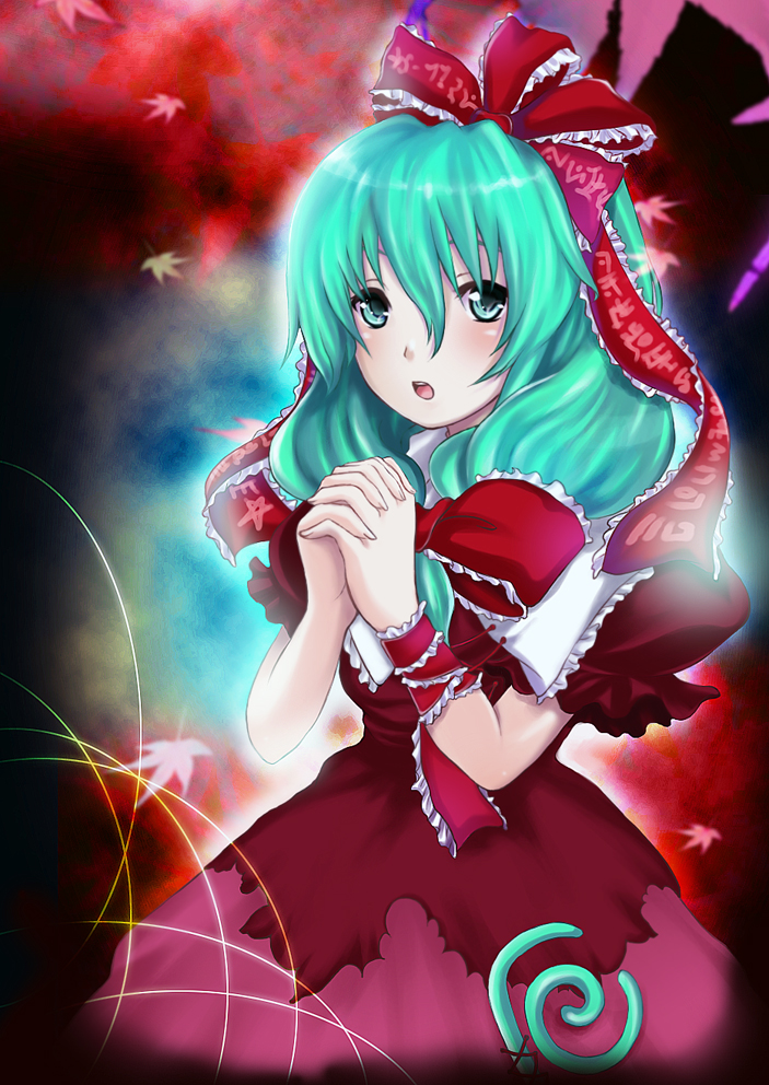 gunpei, kagiyama hina, touhou, bad id, bad pixiv id, 1girl, female focus, front ponytail, green hair, ribbon, solo