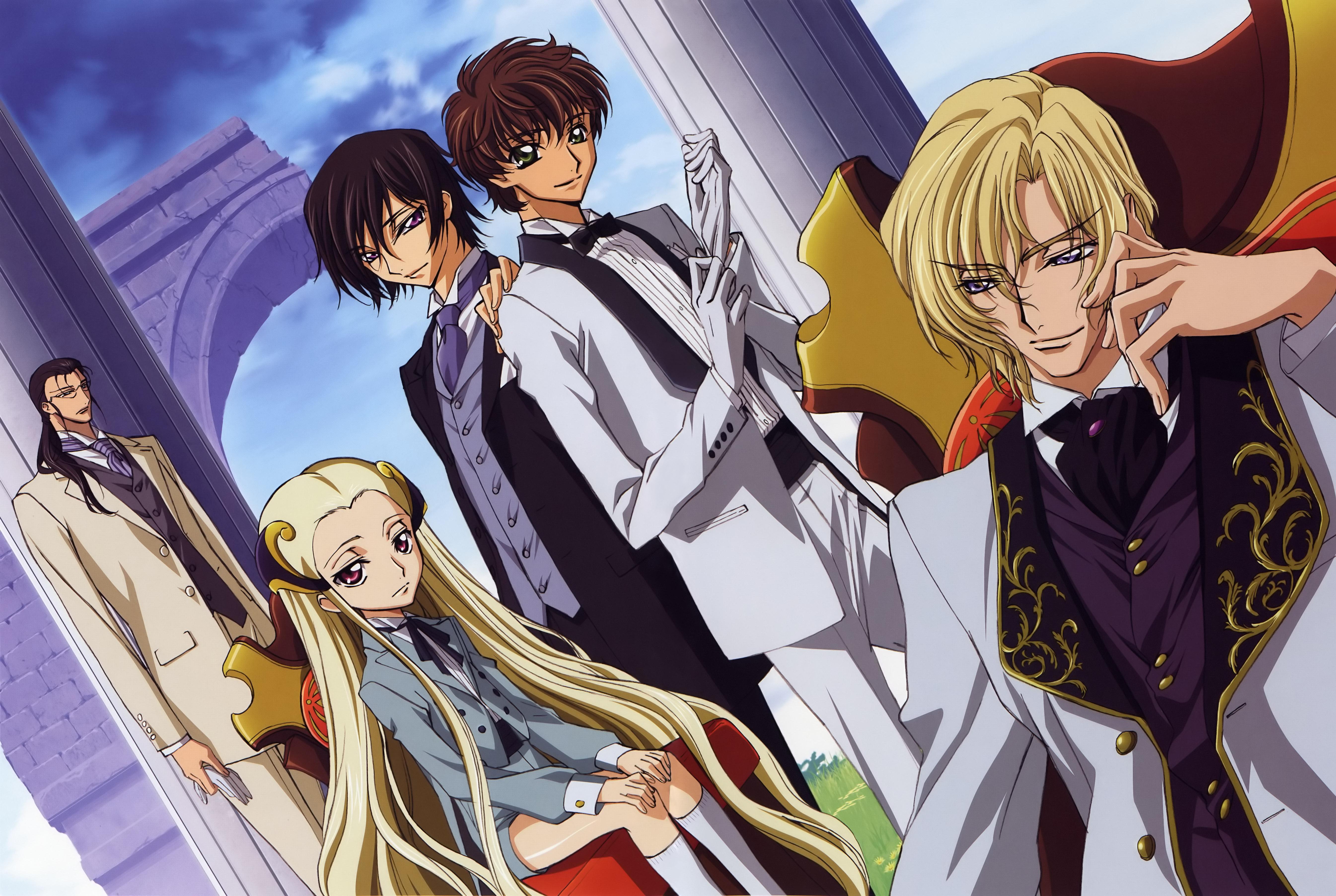 sakou yukie, gilbert g.p. guilford, kururugi suzaku, lelouch vi britannia, schneizel el britannia, v.v., code geass, absurdres, highres, 00s, 5boys, black hair, blonde hair, blue eyes, brown hair, chair, day, dutch angle, formal clothes, glasses, gloves, green eyes, hair ornament, head rest, kneehighs, long hair, male focus, multiple boys, necktie, outdoors, purple eyes, red eyes, sitting, sky, smile, socks, suit, trap, very long hair