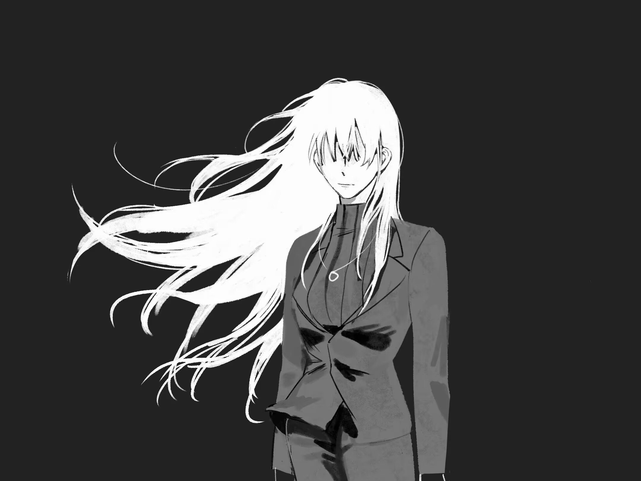 angelica (project moon), library of ruina, project moon, highres, 1girl, faceless, faceless female, floating hair, formal clothes, greyscale, jacket, jewelry, kuchidesha, long hair, long sleeves, monochrome, necklace, pants, ribbed sweater, solo, suit, sweater, turtleneck, turtleneck sweater, very long hair