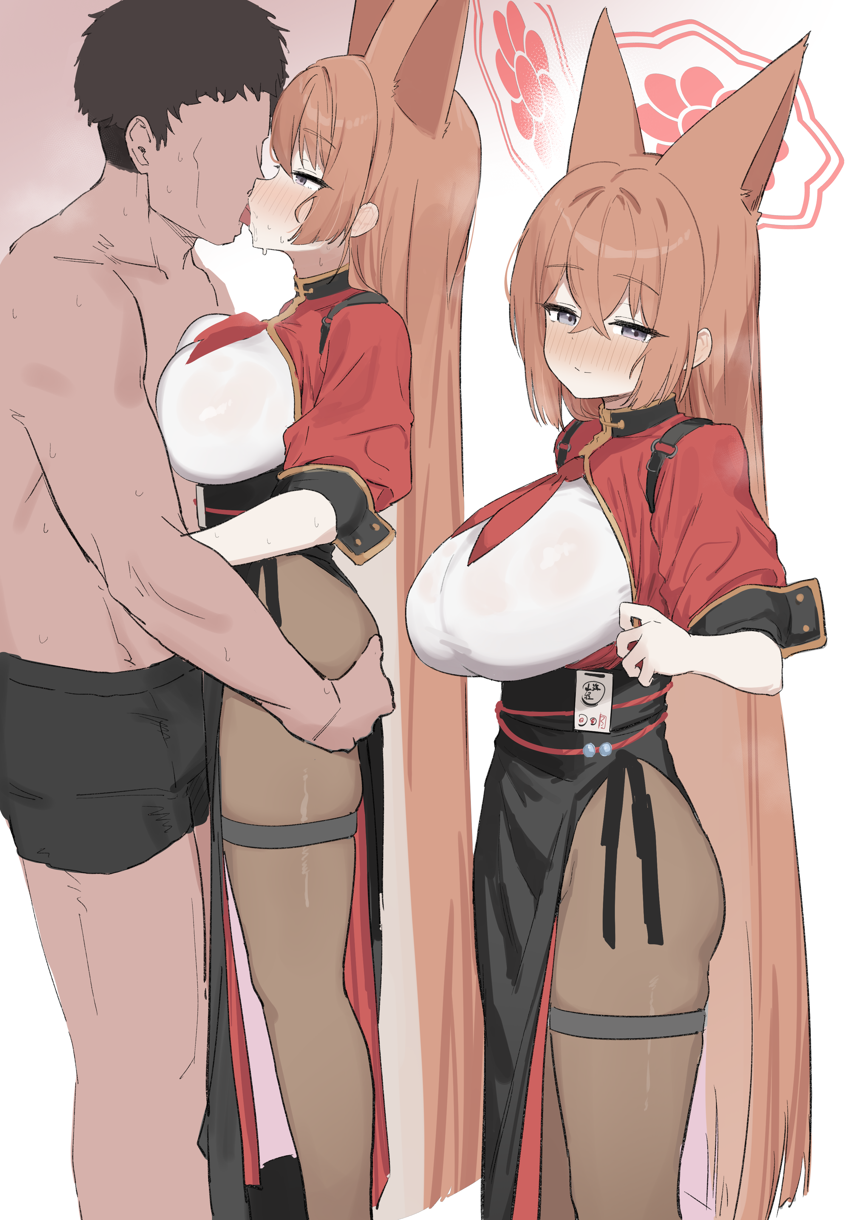 makura u9b, rumi (blue archive), blue archive, absurdres, highres, 1boy, 1girl, animal ears, black male underwear, breast press, breasts, china dress, chinese clothes, crossed bangs, dress, faceless, faceless male, fox ears, fox girl, french kiss, grabbing another's ass, grey halo, groping, halo, hetero, holster, kiss, large breasts, long hair, male underwear, pantyhose, red dress, red halo, saliva, shoulder holster, thigh strap, tongue, turtleneck, turtleneck dress, underwear, white background
