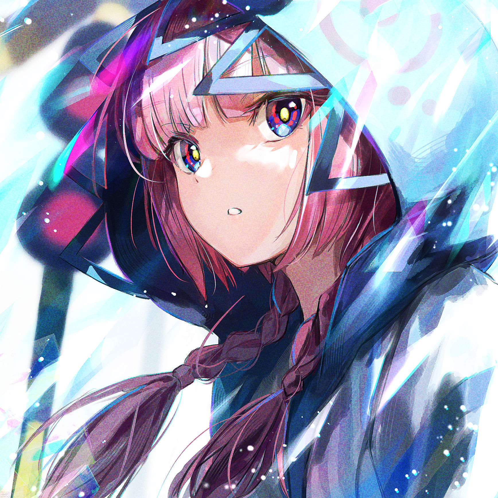 cosmos (cos mos f), kaf (kamitsubaki studio), kamitsubaki studio, highres, 1girl, blue eyes, blue jacket, braid, hood, hood up, hooded jacket, jacket, long hair, parted lips, pink hair, portrait, solo, twin braids, virtual youtuber, yellow pupils