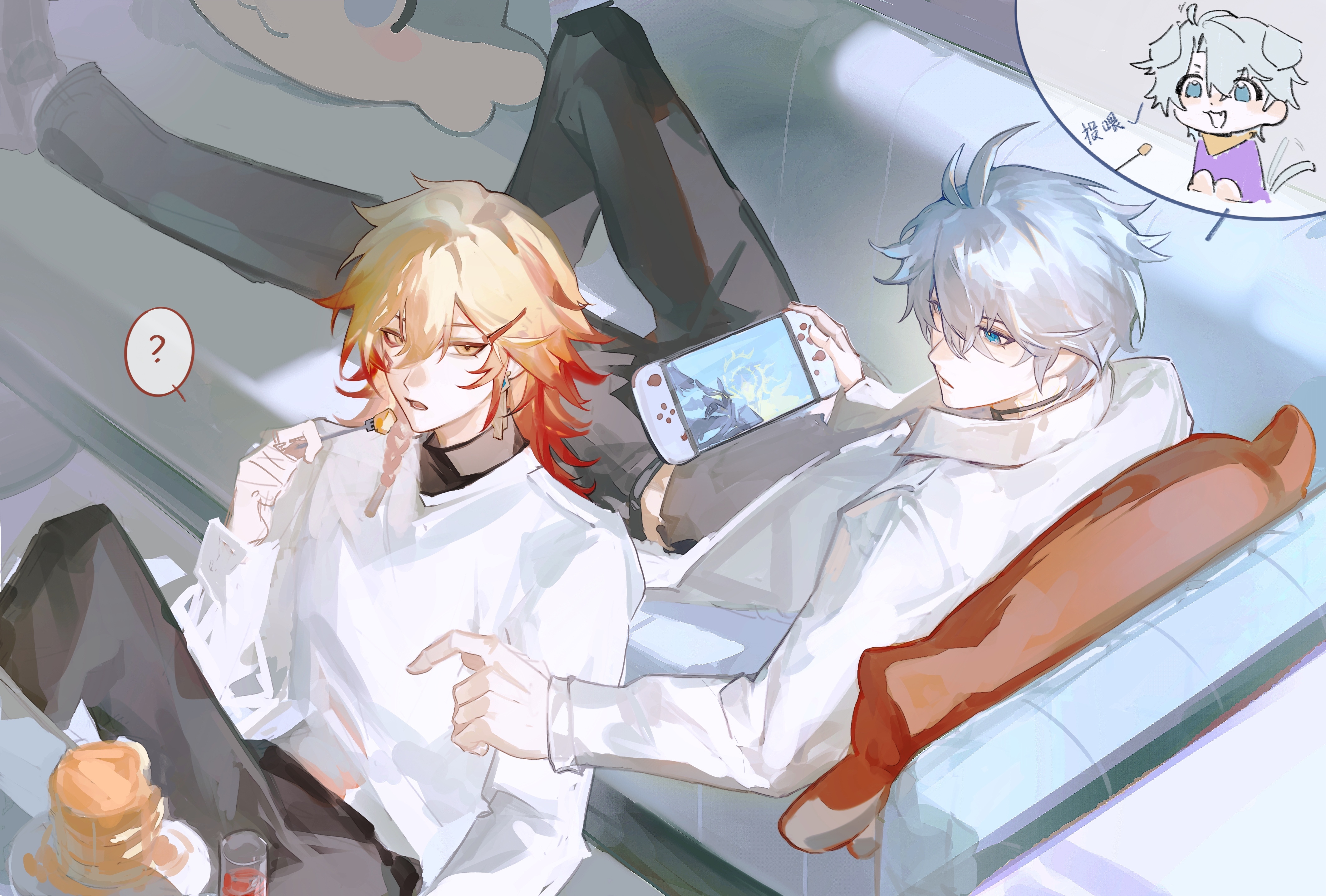 mydei (honkai: star rail), phainon (honkai: star rail), honkai: star rail, honkai (series), absurdres, chinese commentary, commentary request, highres, 2boys, ?, antenna hair, black pants, blonde hair, blue eyes, braid, collared shirt, couch, facial tattoo, gradient hair, hair between eyes, male focus, medium hair, multicolored hair, multiple boys, on couch, pants, red hair, red tattoo, shirt, short hair, side braid, spoken question mark, sweater, tattoo, turtleneck, turtleneck shirt, white hair, white shirt, white sweater, yellow eyes, yimo6178