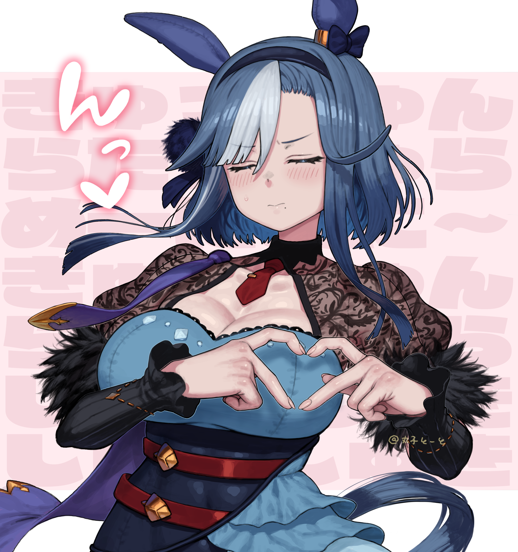 maruko tooto, admire groove (umamusume), umamusume, commentary request, highres, 1girl, animal ears, black hairband, blue hair, blush, breasts, cleavage, closed eyes, closed mouth, collarbone, dress, ear covers, four-finger heart hands, frilled dress, frills, hairband, heart, heart hands, horse ears, horse girl, horse tail, juliet sleeves, large breasts, long sleeves, mole, mole under mouth, necktie, puffy sleeves, red necktie, short hair with long locks, short necktie, sidelocks, solo, sweat, tail, upper body, v-shaped eyebrows, white hair, white streaks