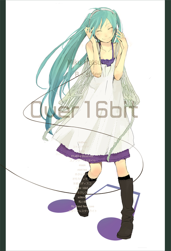yoshito, hatsune miku, vocaloid, 1girl, ^ ^, ahoge, aqua hair, bare shoulders, black socks, blush, boots, brown boots, cable, closed eyes, closed mouth, collarbone, dress, female focus, full body, hands on headphones, headphones, kneehighs, pillarboxed, shade, simple background, smile, socks, solo, standing, white background, white dress