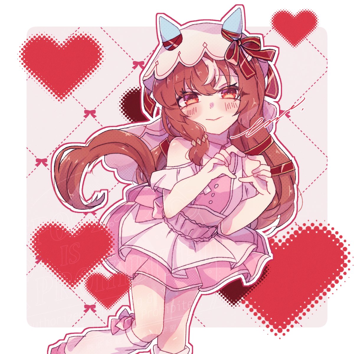 eno (xx1229), still in love (umamusume), umamusume, highres, 1girl, alternate costume, animal ears, bare shoulders, blush, bow, breasts, brown hair, closed mouth, ear covers, hair between eyes, hair ornament, hair ribbon, heart, heart hands, horse ears, horse girl, horse tail, long hair, looking at viewer, loose socks, midriff, multicolored hair, pink shirt, pink skirt, pink socks, red eyes, red ribbon, ribbon, shirt, skirt, small breasts, smile, socks, solo, streaked hair, tail, veil, white hair, white veil