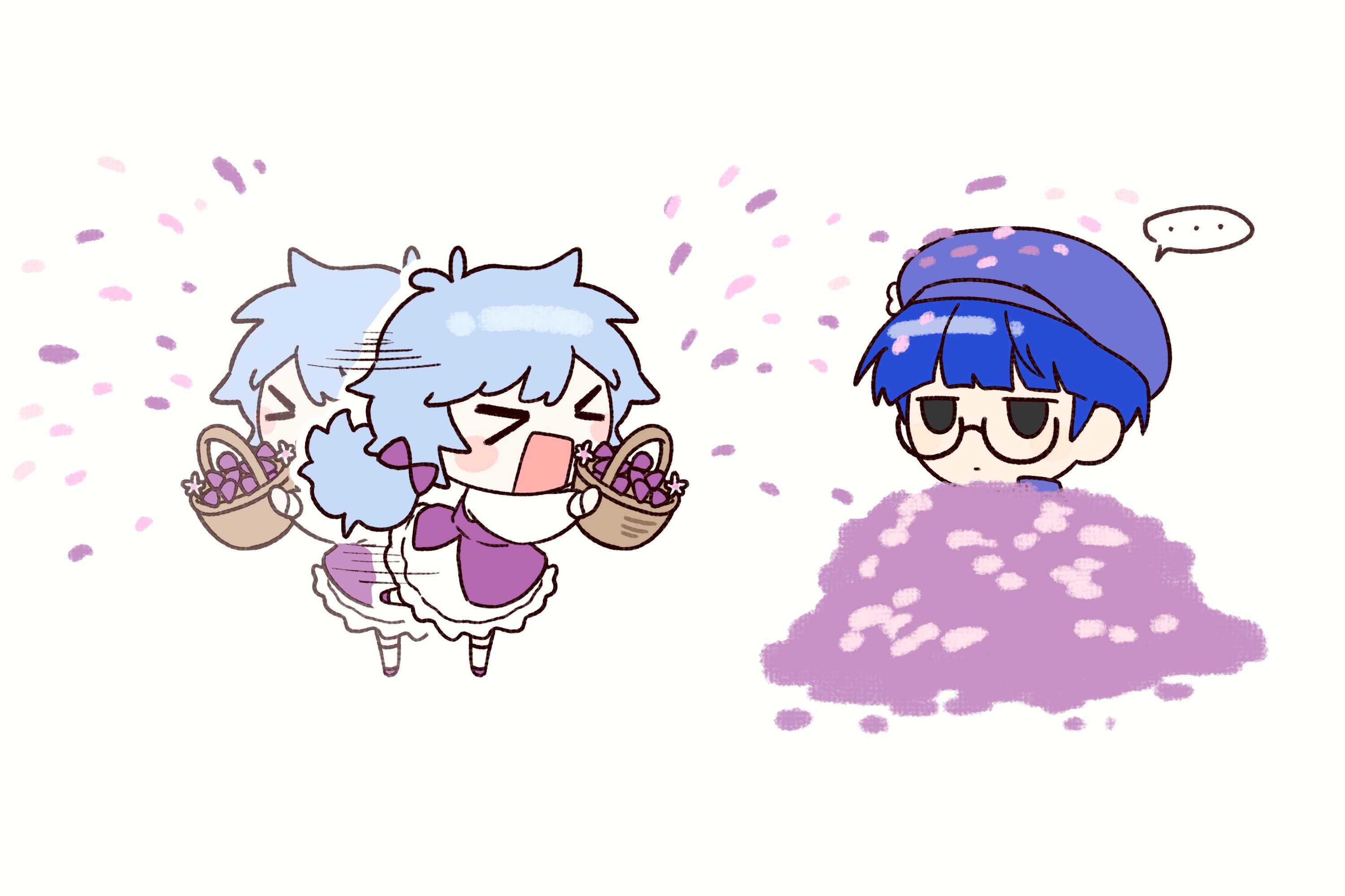 mossi (mossi0816), zombie high school, highres, > <, …, apron, basket, beret, black eyes, blue hair, blunt bangs, blush stickers, bow, chibi, closed eyes, dress, glasses, hair bow, hat, holding, holding basket, mj (zombie high school), open mouth, purple bow, purple dress, pyo ih-yeon, short hair, spoken ellipsis
