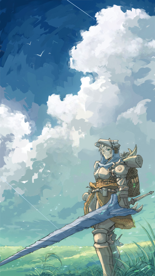 keiji asakawa, capcom, monster hunter (series), armor, bird, blonde hair, cloud, day, grass, lance, nature, polearm, sky, solo, spear, sword, weapon