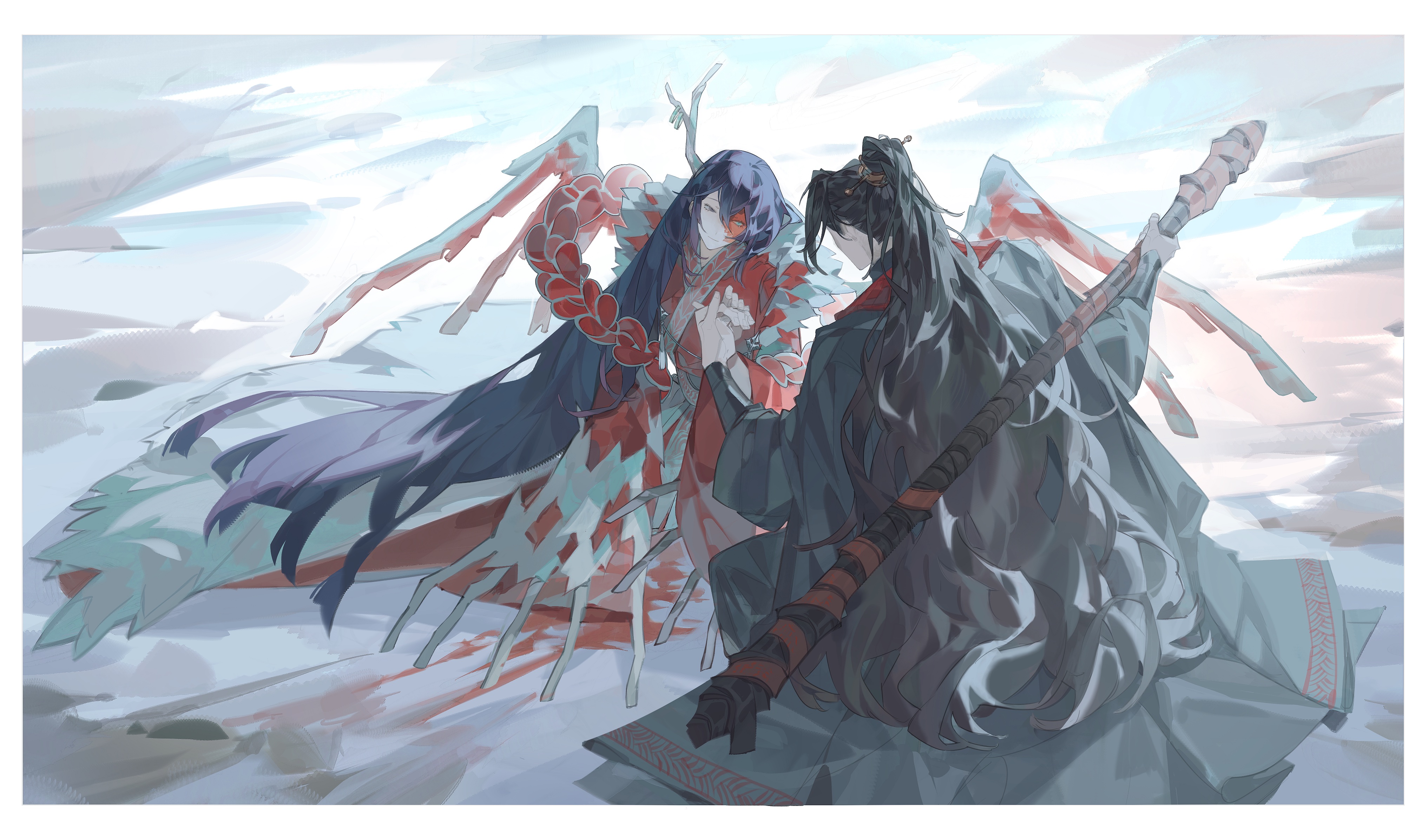 senia soft, hong lu (project moon), jia qiu (project moon), limbus company, project moon, absurdres, highres, 2boys, black coat, black hair, chinese clothes, coat, dragon horn, dragon wings, e.g.o (project moon), hanfu, high ponytail, horns, long hair, multiple boys, ponytail, red hanfu, single horn, sitting, staff, tears of the tarnished blood (e.g.o), very long hair, wings