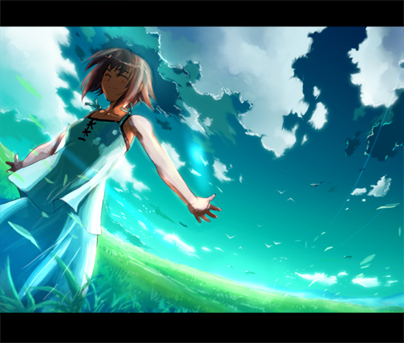 keiji asakawa, bird, blue eyes, brown hair, cloud, field, grass, letterboxed, nature, scenery, skirt, sky, solo